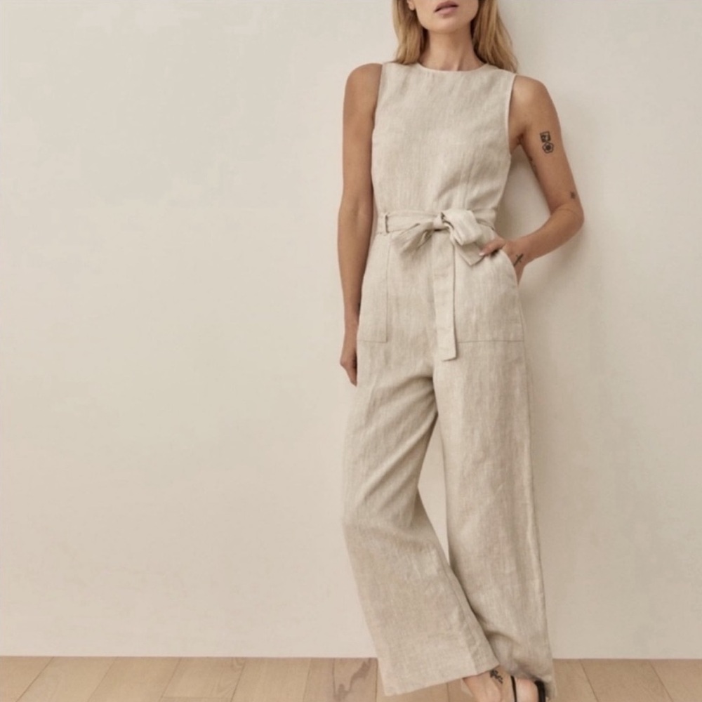 NEW Reformation Naomi 100% Linen Jumpsuit Oatmeal Khaki Tan Belted US 6 $228